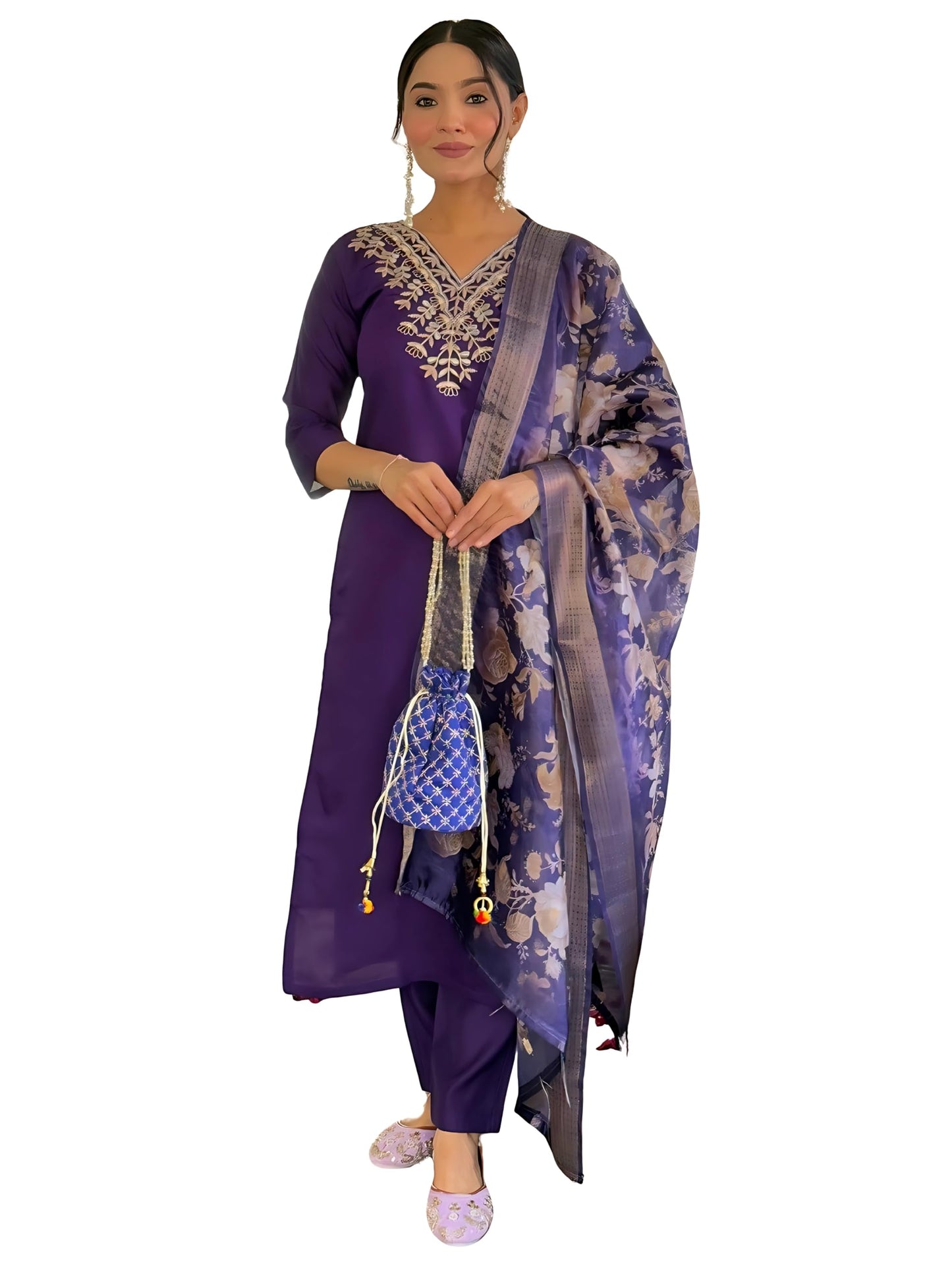 Naixa WomenS Violate Chanderi Embroidered Straight Kurta With Chanderi Pant And Jacquard Printed Dupatta Sets (Nx-Or-K96-Violet