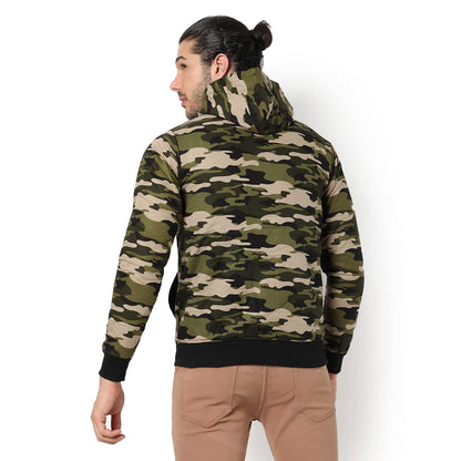 Campus Sutra Mens Olive Green Camouflage Regular Fit Cotton Jacket For Winter Wear | Hooded Collar | Full Sleeve | Zipper | Cas