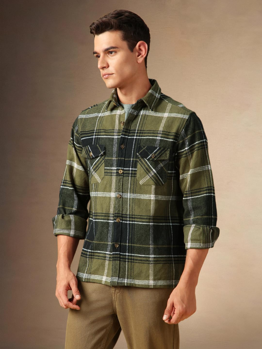 Dennis Lingo Men Flannel Check 100% Cotton Relaxed Fit Full Sleeves Shirts Olive