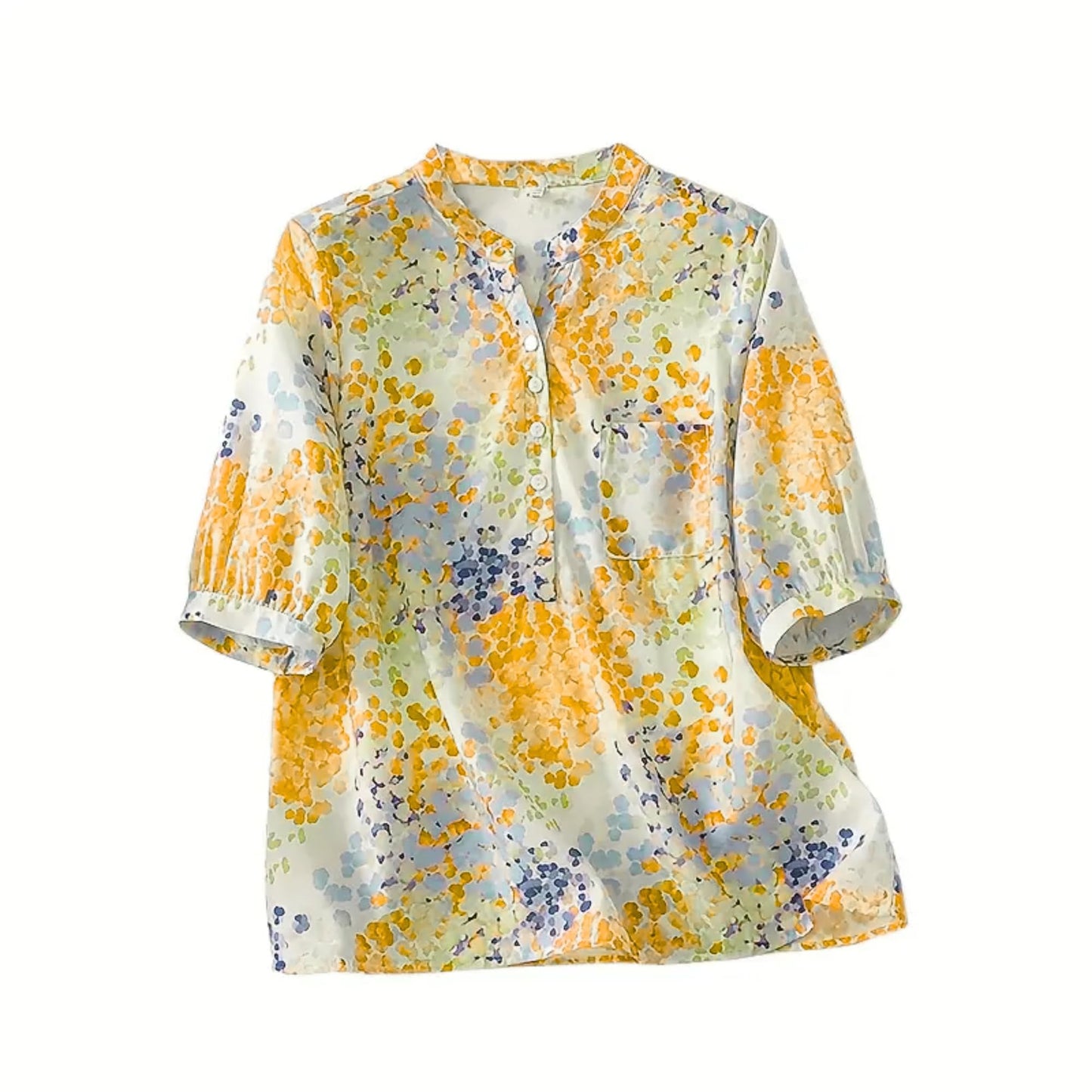 Gufrina WomenS Mustard Yellow Abstract Printed Western Top With Mandarin Collar, Half Button Placket And Relaxed Sleeves(Mustar