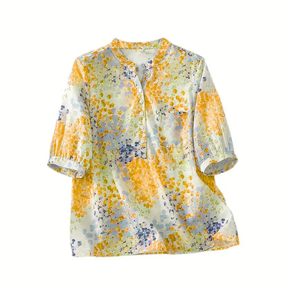 Gufrina WomenS Mustard Yellow Abstract Printed Western Top With Mandarin Collar, Half Button Placket And Relaxed Sleeves(Mustar