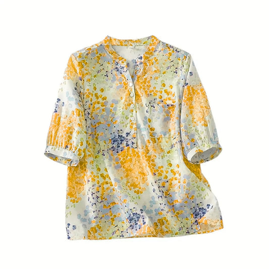 Gufrina WomenS Mustard Yellow Abstract Printed Western Top With Mandarin Collar, Half Button Placket And Relaxed Sleeves(Mustar