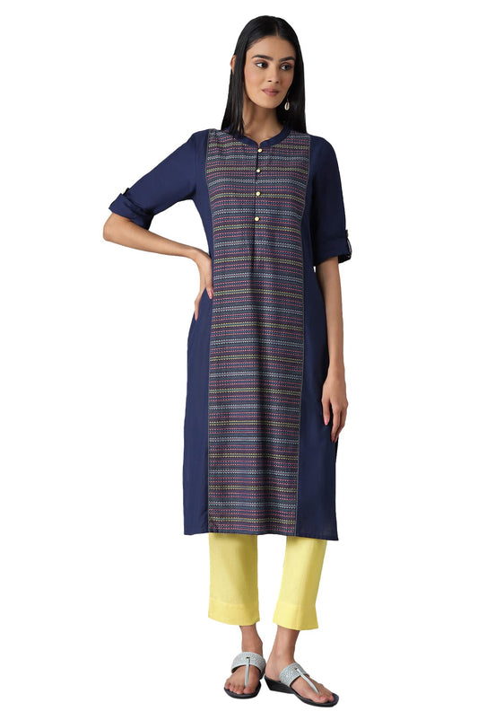 Aurelia Women's Cotton Navy Geometric Mandarin Collar Straight Kurta