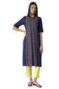 Aurelia Women's Cotton Navy Geometric Mandarin Collar Straight Kurta
