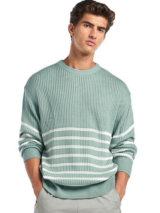 Bewakoof MenS Striped Super Loose Fit Full Sleeve Round Neck 100% Acrylic Sweater_644660_Green_S