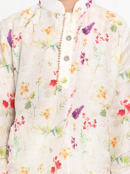 Vastramay Boys Perfect Spring Edit Floral Design Digitally Printed Kurta With Bling Buttons & Singara Border, Relaxed Pyjama Se