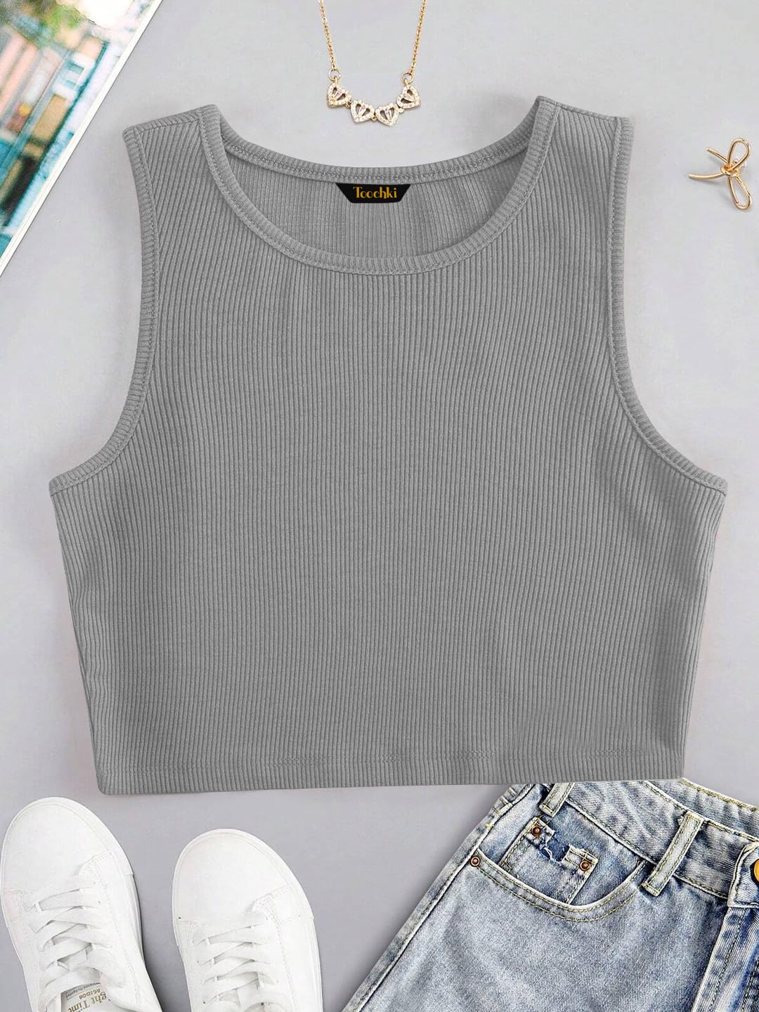 Toochki Tops for Woman | Spandex Top | Crop | Short | Western | for Jeans | Sleeveless | Stretchable | Grey
