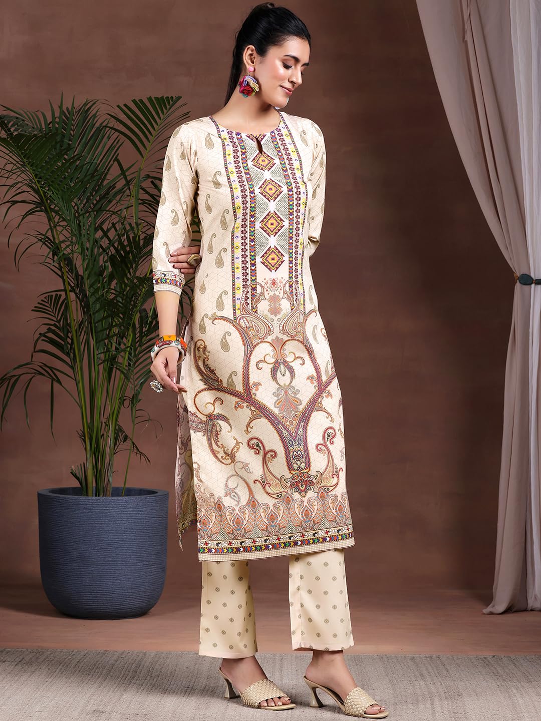 Libas Womens Printed Crepe Straight Kurta With Palazzos