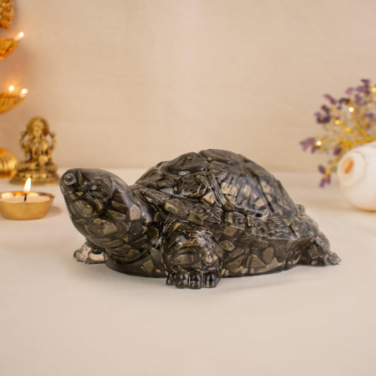 Astrotalk Pyrite Tortoise (Kachhua) 5.5x1.5 Inch | Pyrite Resin Turtle for Good Luck & Wealth | Crystal Tortoise for Good Luck for Home | Vastu Items for Housewarming Gift | Home Decor for Living Room