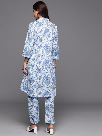 Varanga Women Blue Floral Printed High- Low Kurta With Bottom