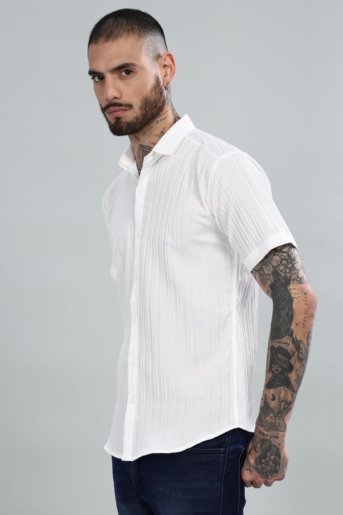 Mildin MenS Cotton Blend Shirt With Self Design Textured Stripes Spread Collar Neck Half Sleeve Western Hip Length | White