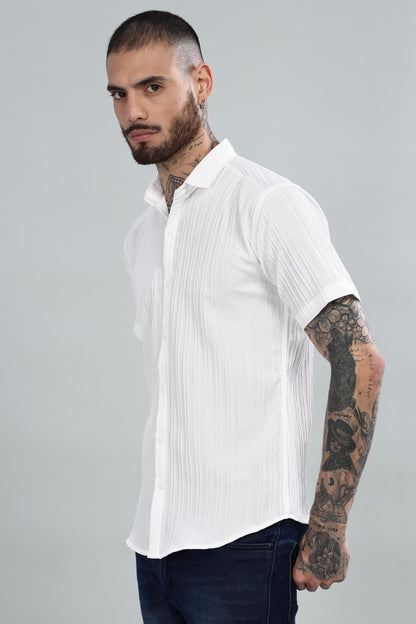 Mildin MenS Cotton Blend Shirt With Self Design Textured Stripes Spread Collar Neck Half Sleeve Western Hip Length | White