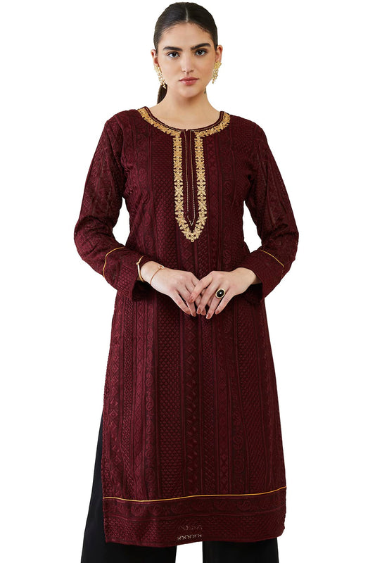 Soch Women Maroon Georgette Embroidered Kurta
