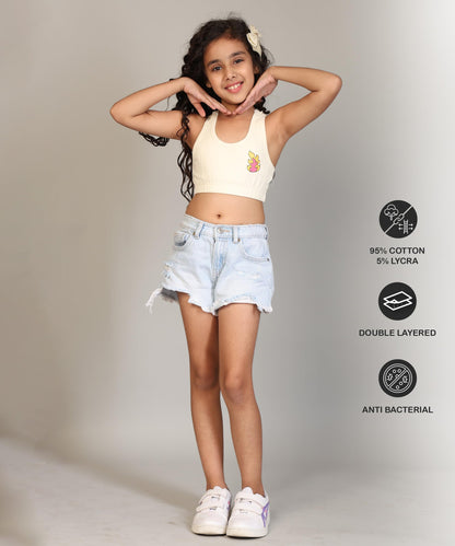 Kyda Kids Girls Antibacterial Cotton Printed Sports Bra Training Bras, Non Padded, Chest Double Layered Wireless Light Padded Br