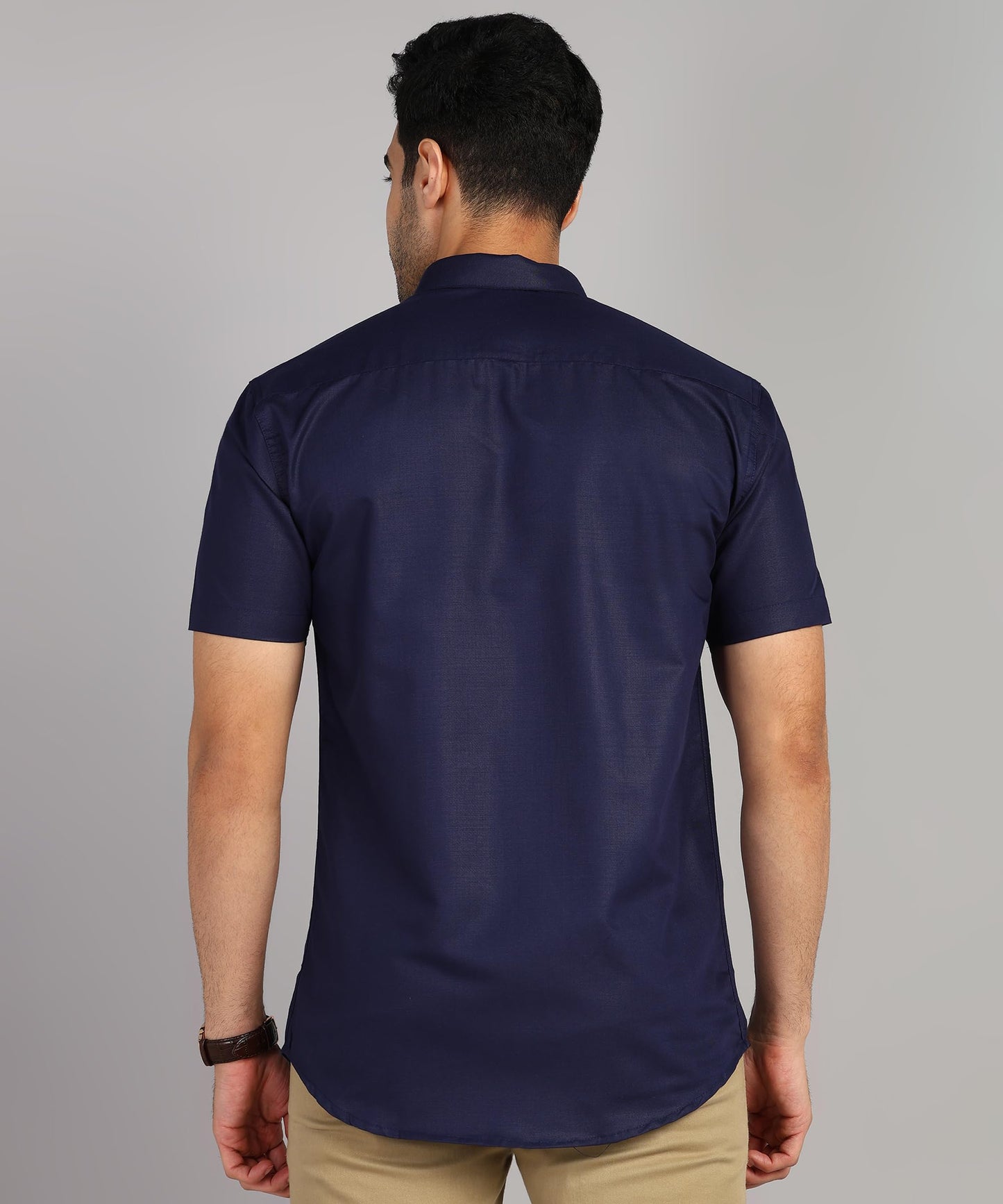 Mildin MenS Regular Cotton Blend Dark Blue Slim Fit Solid Button Down Spread Collar Half Sleeve Curved Hemline Formal Shirt Wit
