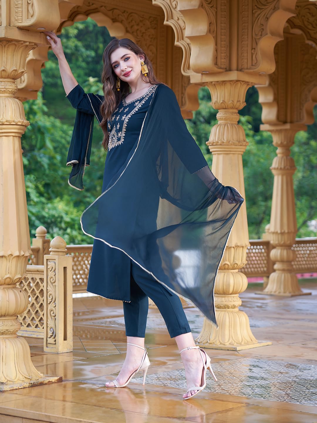 GoSriKi Women's Cotton Blend Embroidered Straight Kurta with Pant & Dupatta (BGM)