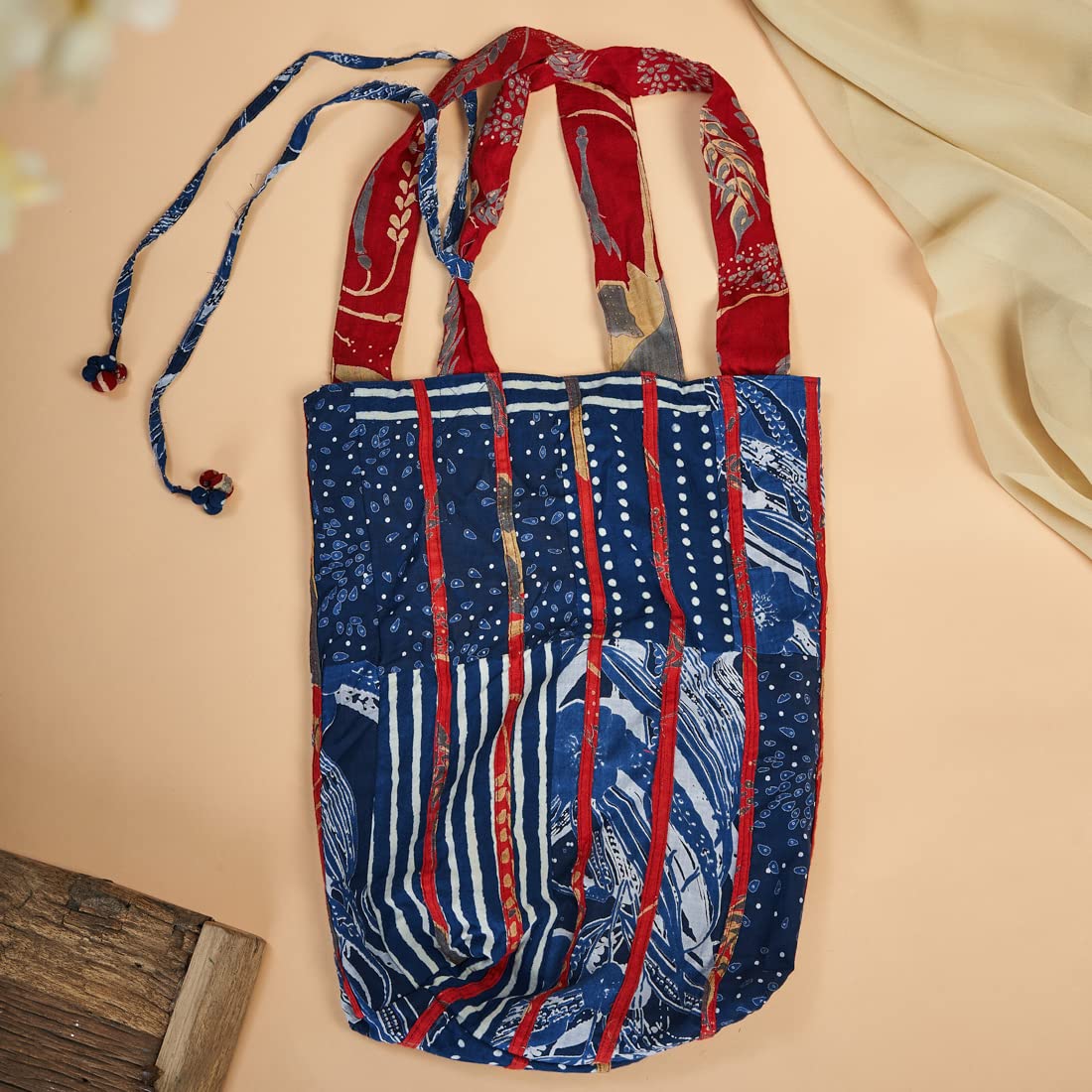 Fabindia Women Blue Cotton Tote Bag (35.5cm x 31cm)