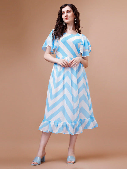 Trillmixa WomenS Stylish Georgette Fit And Flare Knee-Length Printed Midi Dress (Pastle) Light Blue