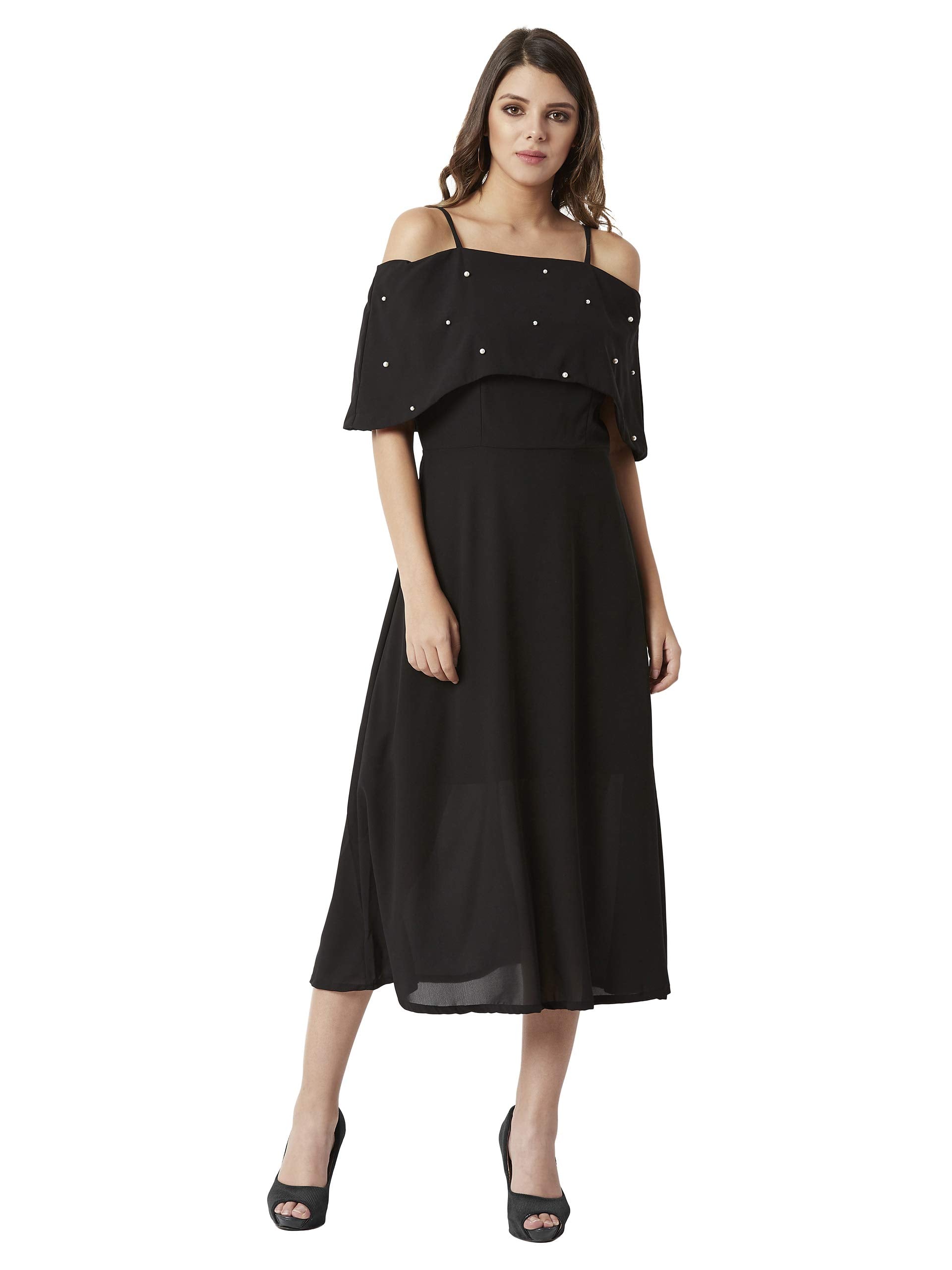 Miss Chase WomenS Black Off-Shoulder Pearl A-Line Midi Dress(Mcss18D10-77-62-06,Black,X-Large)