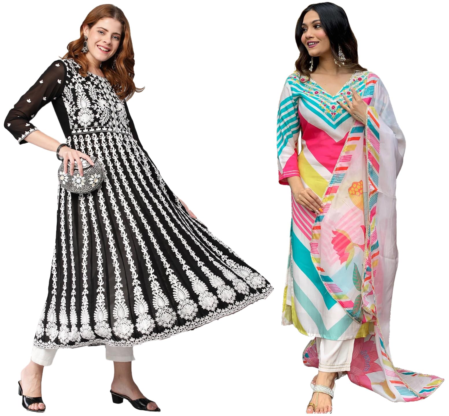 ANNI DESIGNER Ladies Cotton Blend Dupatta Kurta & Trousers - Pack of 2, multi-coloured, S