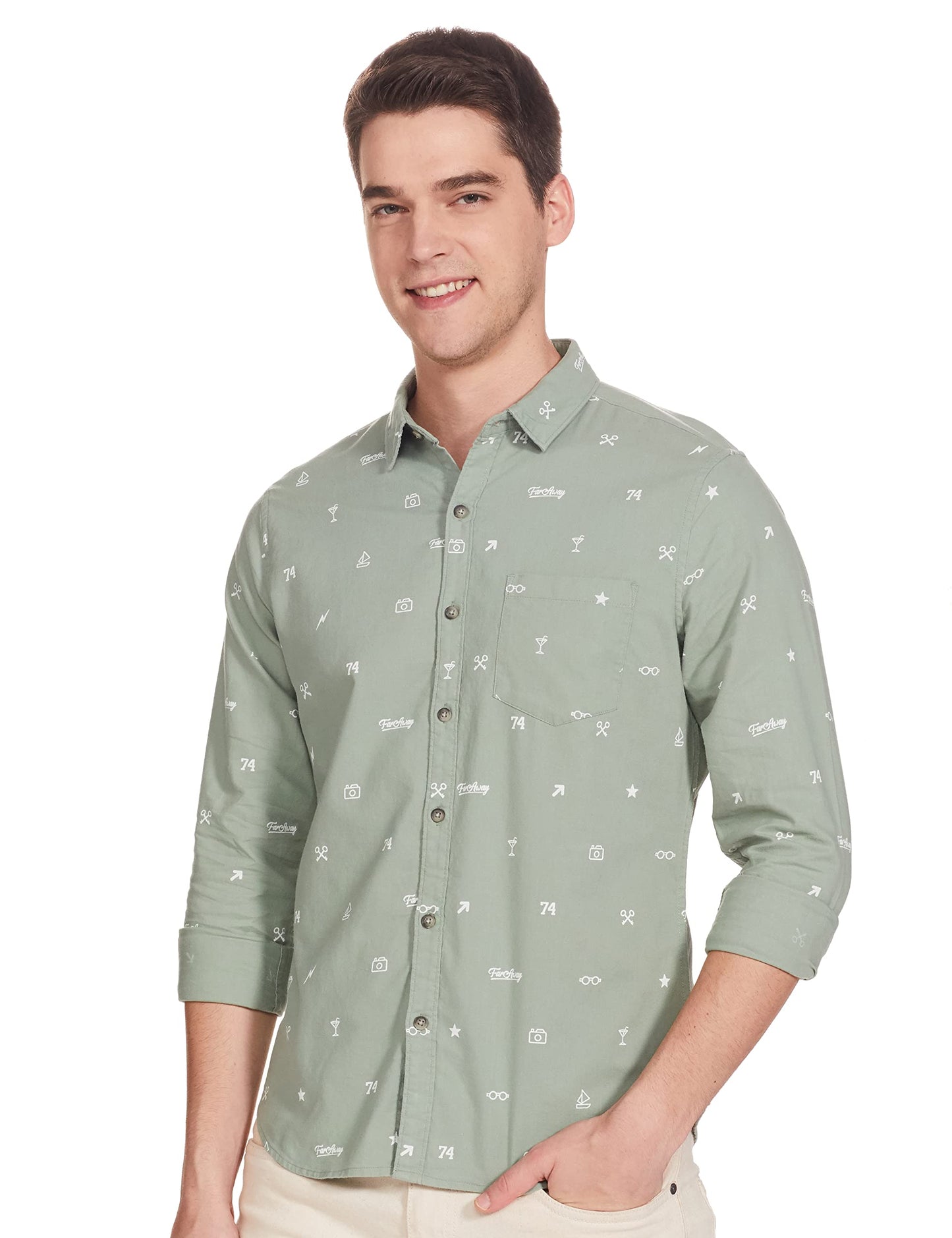 Ketch Slim Fit Aop Printed Olive/White Shirt
