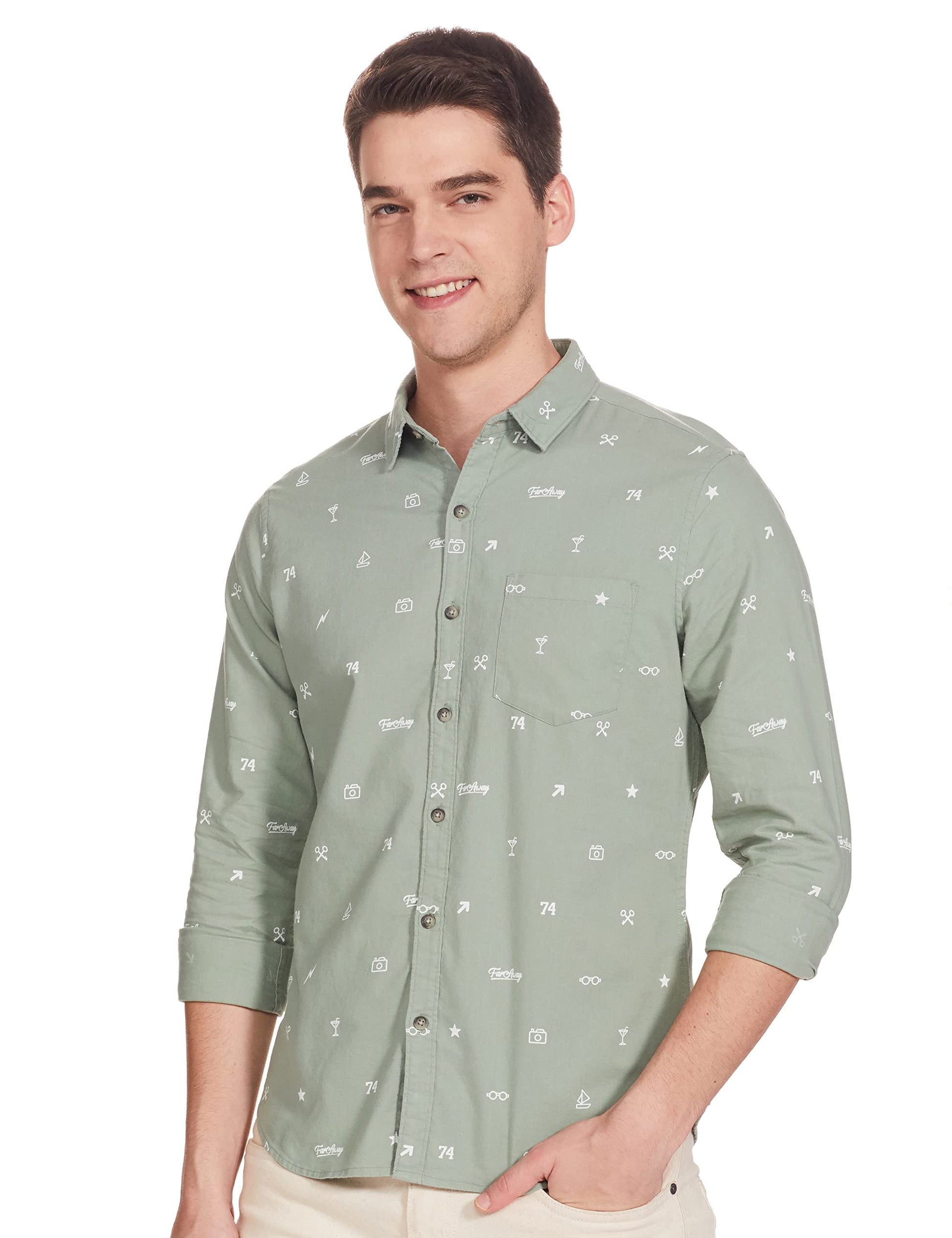 Ketch Slim Fit Aop Printed Olive/White Shirt