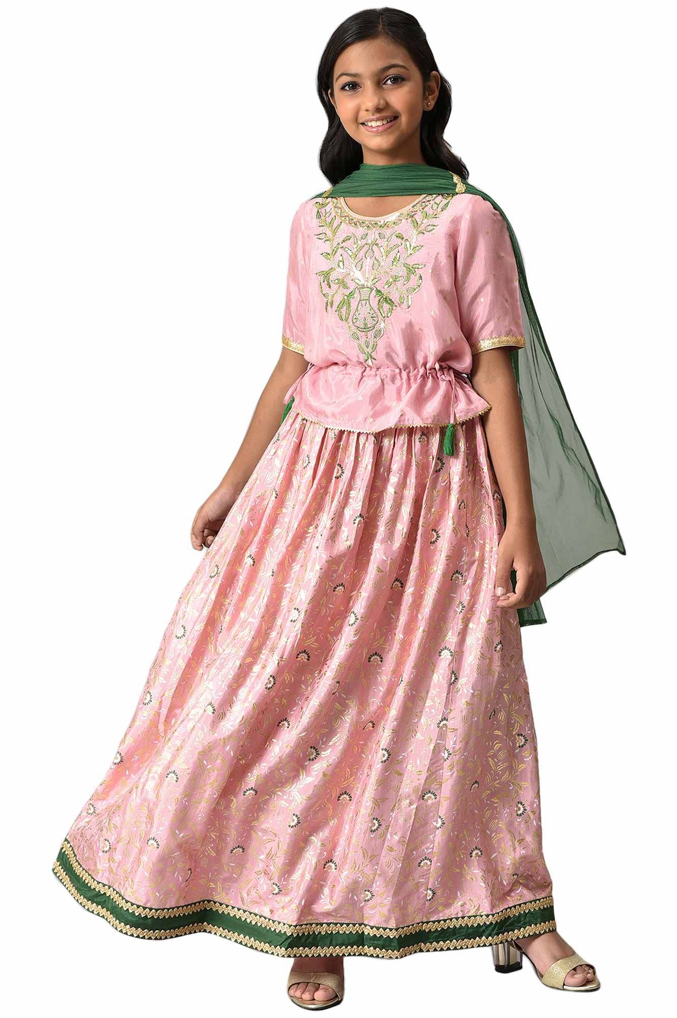 Aurelia Girl's Viscose Top & Skirt & Dupatta (22AUG10281A-506193_Pink