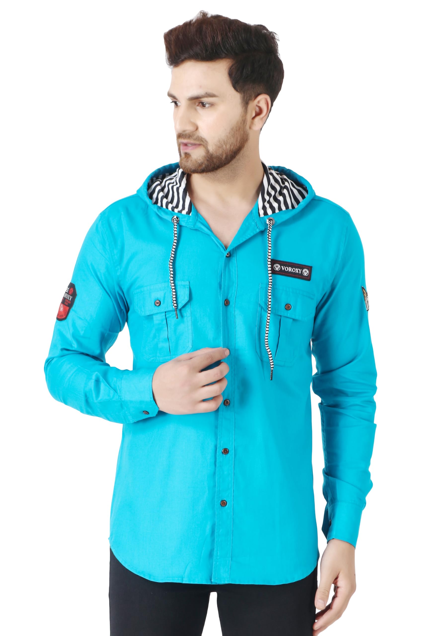 Besix MenS Blue Tailored Fit Cotton Blend Shirt For Man With Hoodie - Casual Long Sleeve Shirt With Pockets - Patch Detail For