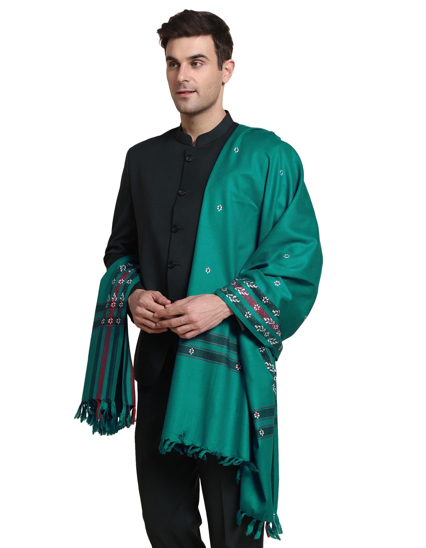 Weavers Villa Mens Acro Wool Blended Shawl - Handloom Border Pattern - Stoles for Men - Gents Shawls - Soft & Warm Wrap - Ideal