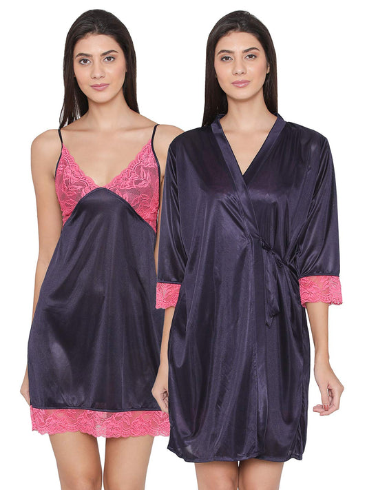 Clovia Womens 2 Pcs Satin Nightwear Set in Navy & Pink - Short Robe & Nightie (NSM294P08_Blue_Free Size)