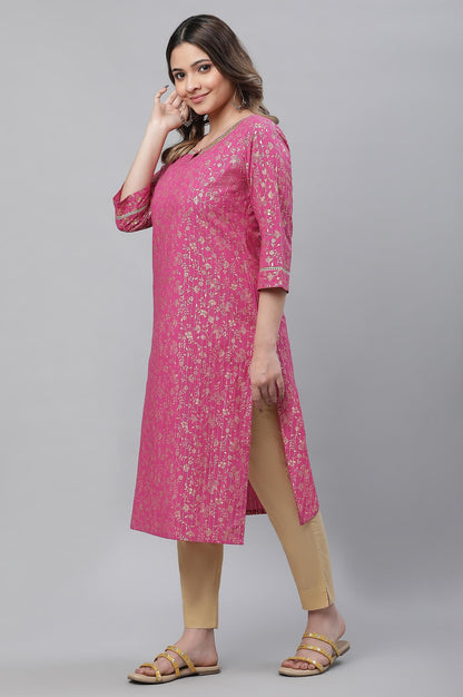 Aurelia Pink Foil Pattern Cotton Straight Long Kurta
