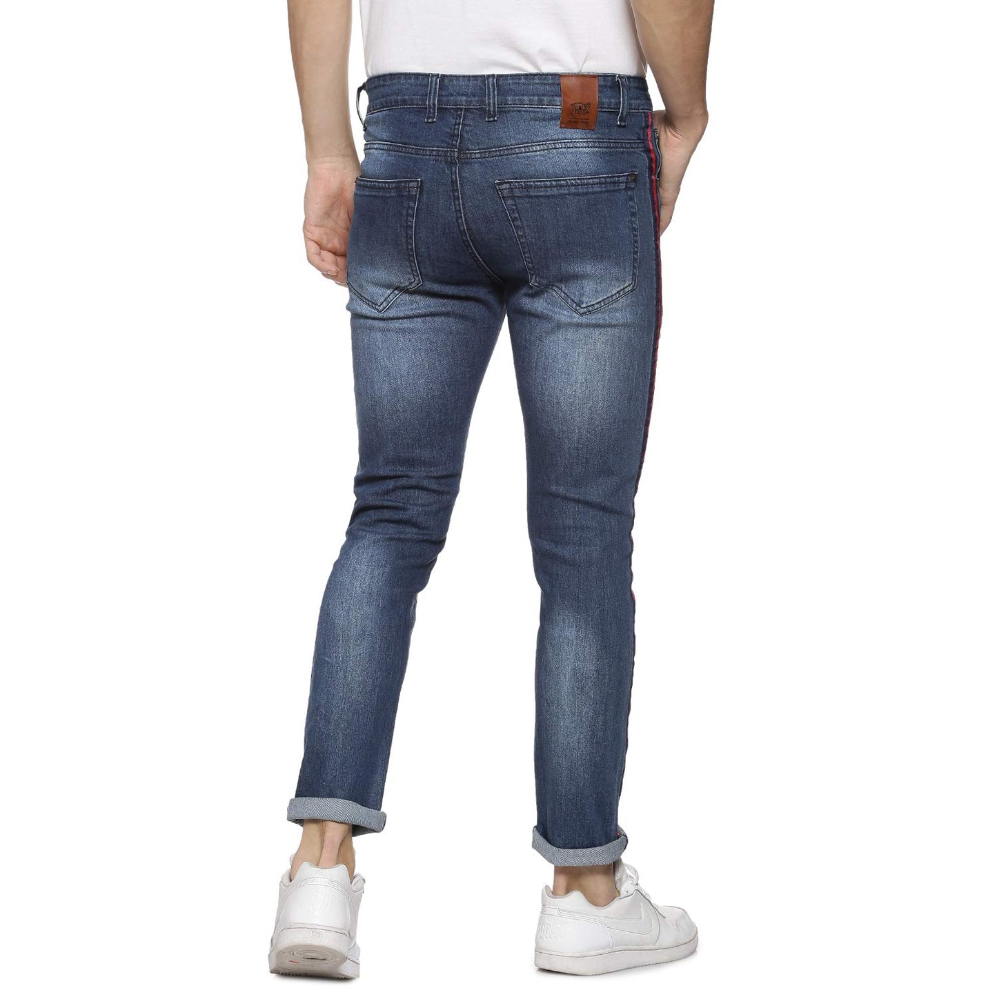 Campus Sutra Mens Classic Blue Dark-Washed Distressed Side Striped Regular Fit Denim Jeans | Mid-Rise Stretchable Cotton Denim J