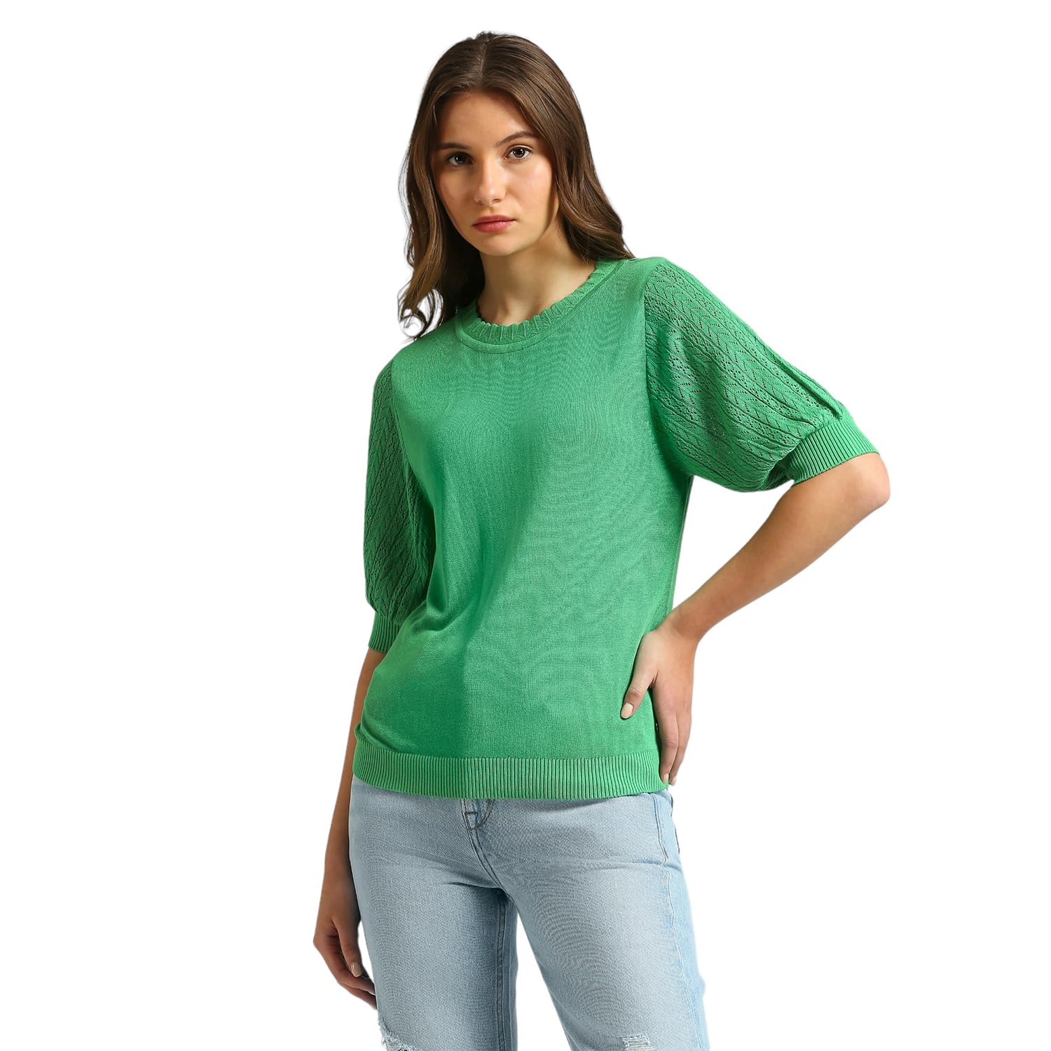 Sharlie Puff Sleeve Flat Knit Top With Scalloped Rib