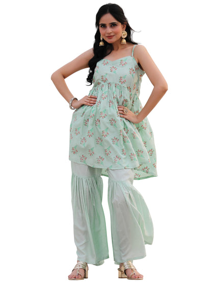 Libas Sea Green Printed Silk Blend A-Line Kurta With Sharara
