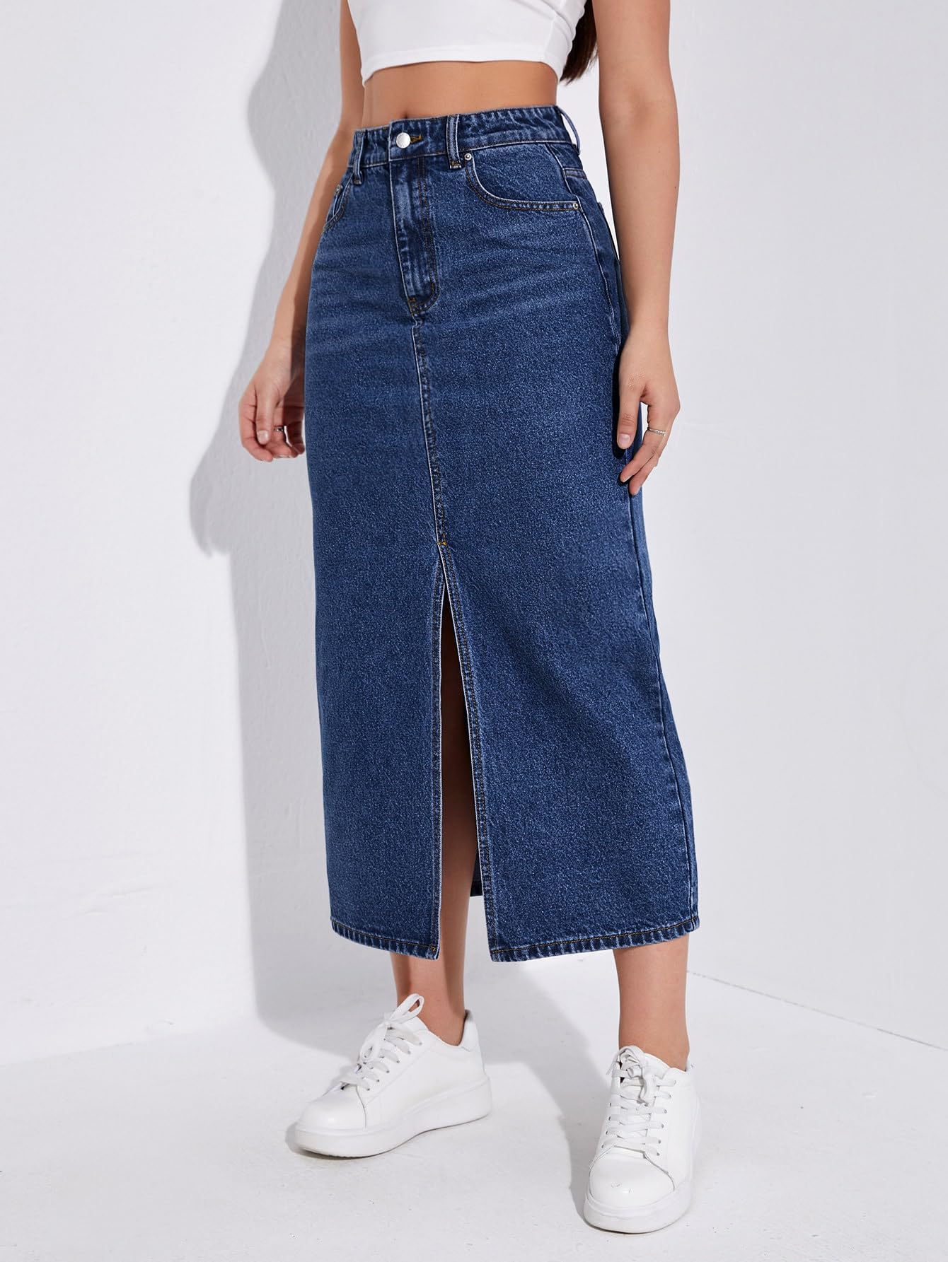 Shasmi Womens Spring/Summer Casual Front Split Thigh Straight Denim Skirt ll Denim Skirt for Women Long ll Skirt & top for Wome