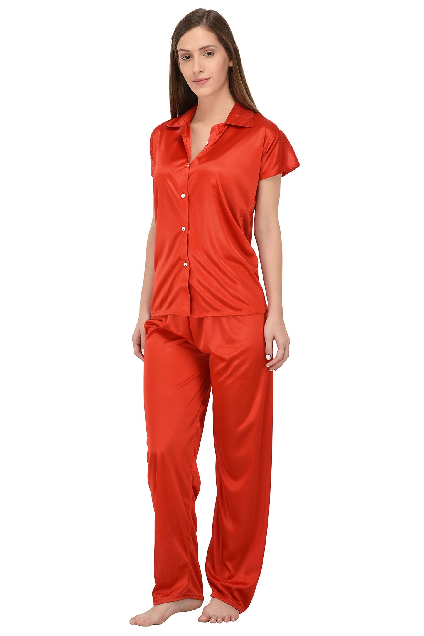 Fabme WomenS Plain Satin Night Suit (Shirt And Pyjama) (Black) (Size - Xx-Large || Bust 42)