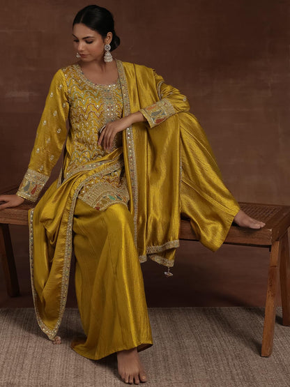 Libas Womens Embroidered Silk Blend Straight Kurta With Palazzos And Dupatta