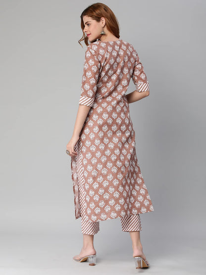 GoSriKi Women's Cotton Blend Printed Straight Kurta with Pant (Funnu Brown-Nw5-GS)