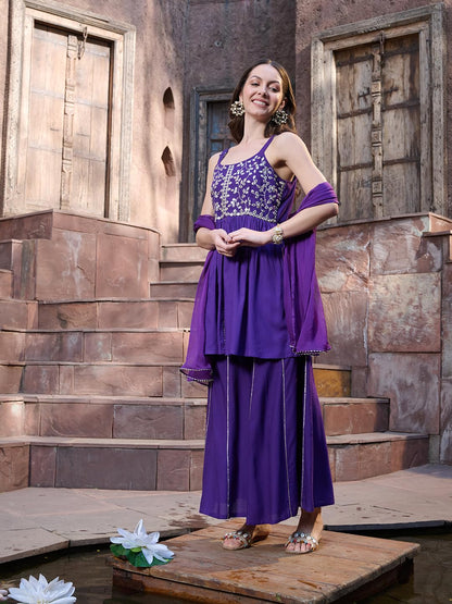 Stylum Womens Solid & Embrpodered Rayon Short Kurti Sharara Dupatta Set