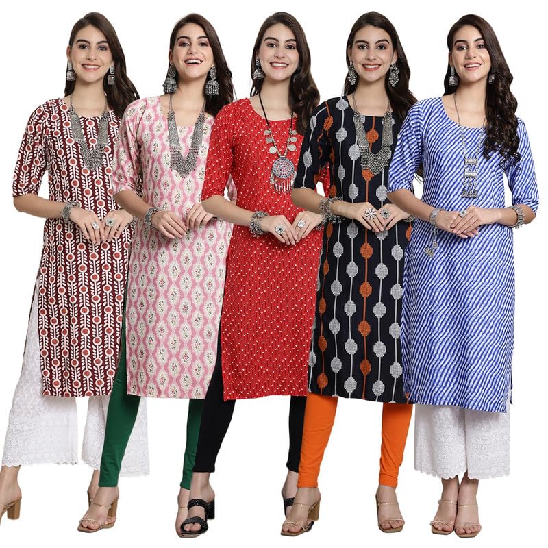 Pinkmint WomenS Crepe Kurti For WomenS Ethnic Printed Kurti For WomenS (Pack Of 5)
