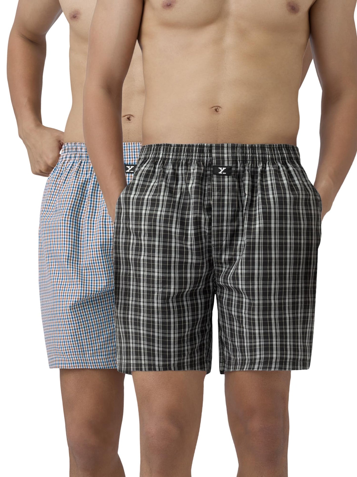 XYXX Mens Super Combed Cotton Checkmate Boxer Shorts Elasticated Waist, Drawstring | Loungewear for Men Pack of 2 (S; Black Che