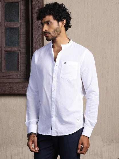 Thomas Scott 100% Cotton Linen Mandarin Collar Roll Up Sleeve Casual Shirts for Mens White
