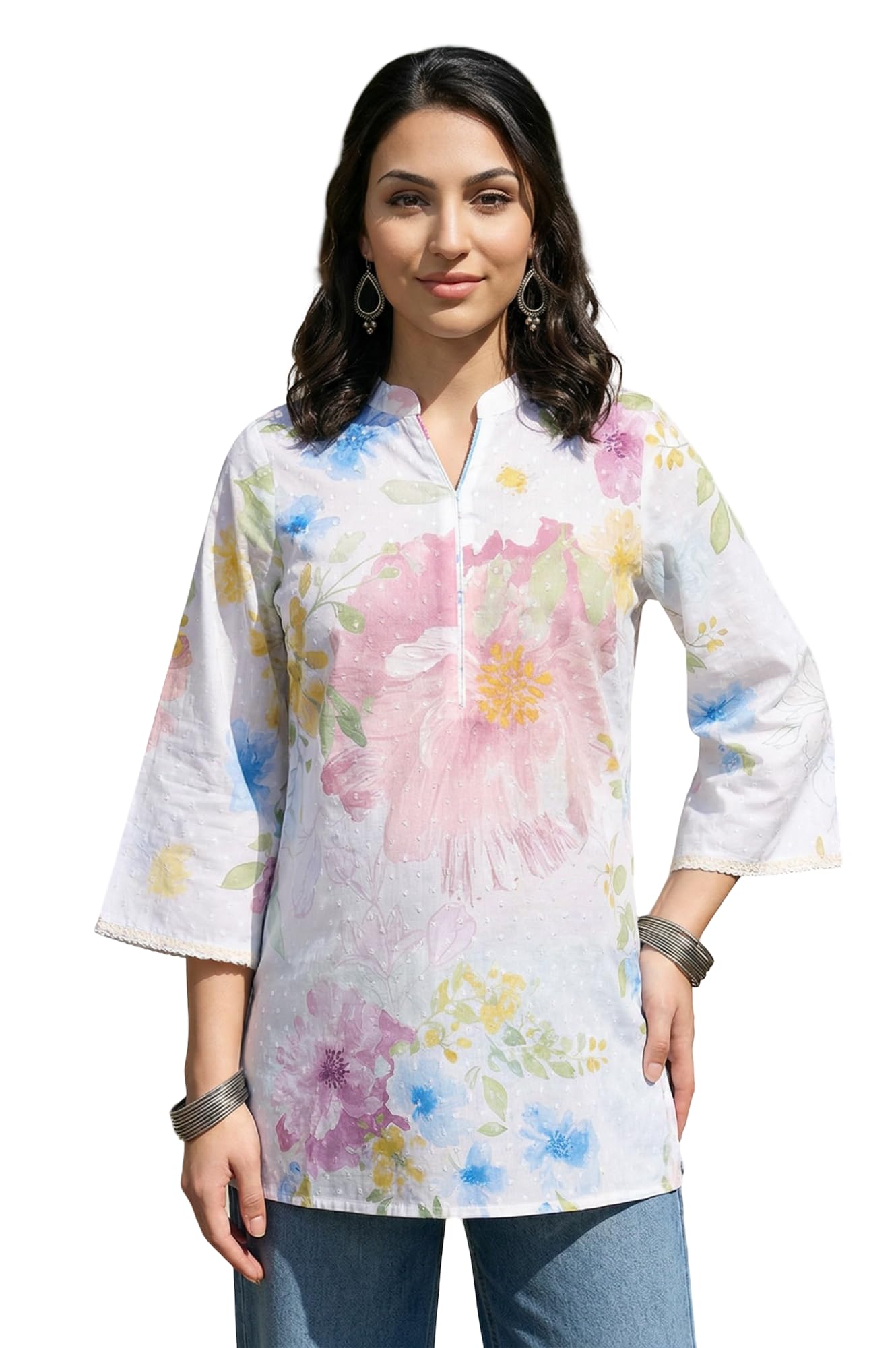Aurelia Women'S White Lace Floral Printed Pure Cotton Straight Kurti - (A30607-510713-2Xl)
