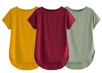 Fabricorn Combo Of Three Plain Maroon, Mustard Yellow And Sage Green Round Neck Up And Down Cotton Tshirt For Women (Maroon, Mus