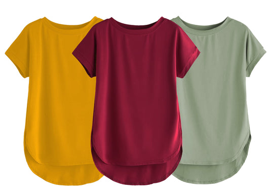 Fabricorn Combo Of Three Plain Maroon, Mustard Yellow And Sage Green Round Neck Up And Down Cotton Tshirt For Women (Maroon, Mus
