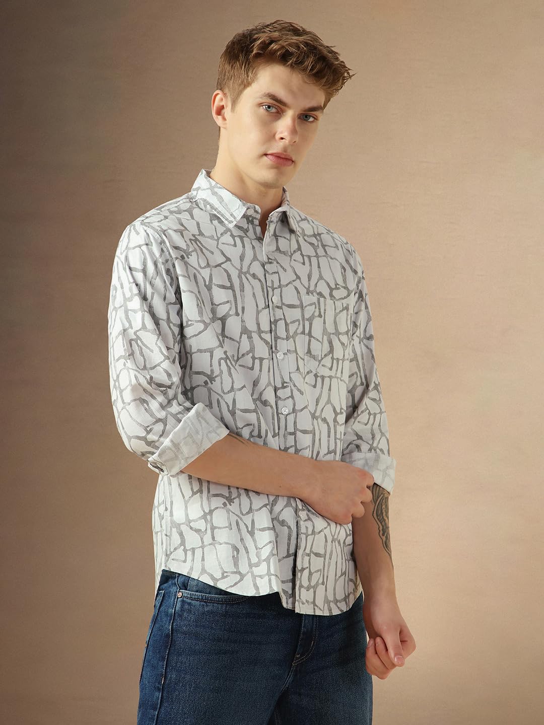 Dennis Lingo MenS Off White Cotton Spread Collar Long Sleeves Printed Shirts