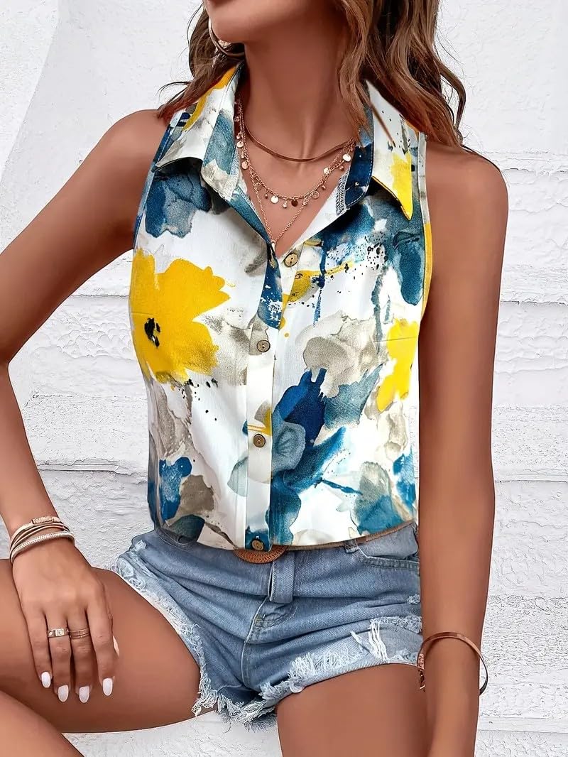 Gufrina WomenS Sleeveless Button Down Shirt With Abstract Floral Print In Yellow And Blue - Lightweight Casual Summer Top For Re