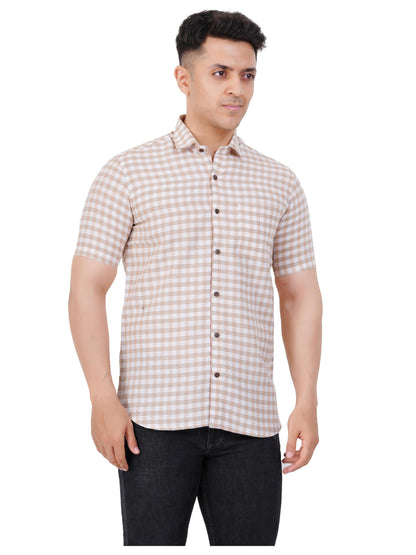 Mens Checkered Regular fit Cotton Casual Shirt Beige