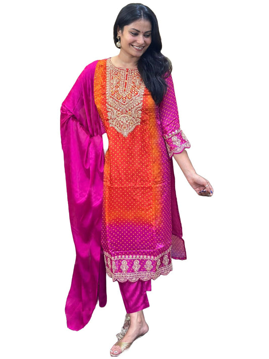 Gosriki WomenS Rayon Blend Straight Embroidered Kurta With Pant & Dupatta (Lasivan Pink-Vks01-Gs_Xxl_Pink_Xx-Large)