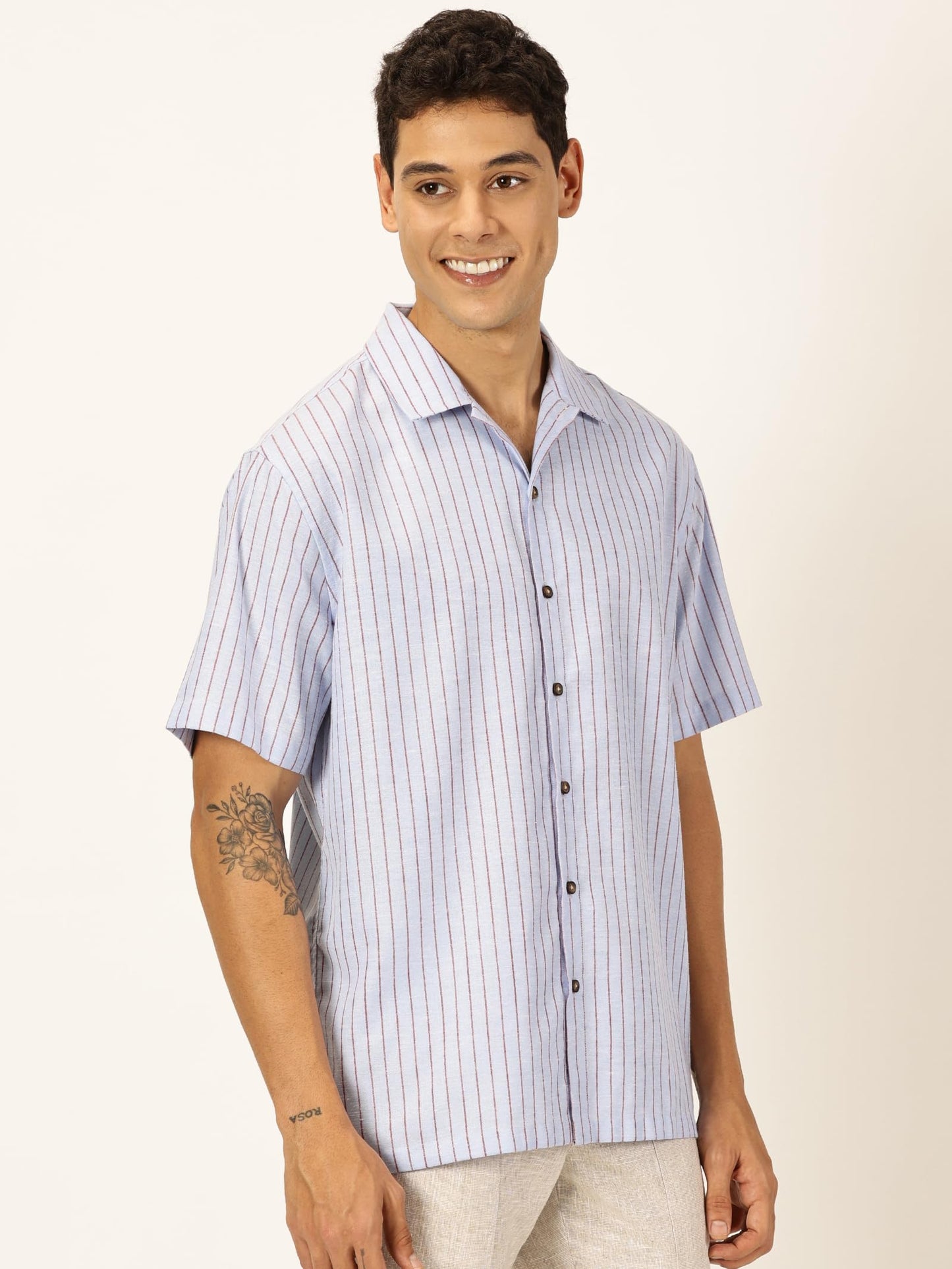Thomas Scott Premium Linen Blend Half Sleeves Spread Collar Striped Casual Shirt for Mens Light Blue